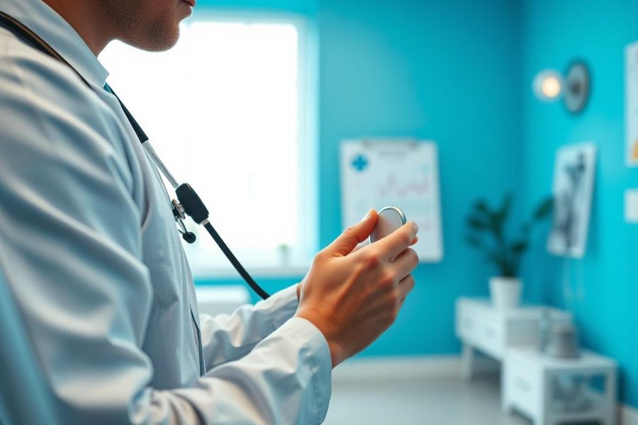 Doctor in white coat holding a stethoscope in a bright blue medical office. Healthcare professional examining patient, focus on medical equipment and clinical setting. Modern clinic interior, professional medical care.