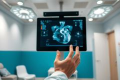 Medical imaging display showing a detailed heart scan. A doctor's hand interacts with the screen in a bright, modern hospital setting. Blue and white tones dominate the scene, highlighting advanced diagnostic technology and healthcare.