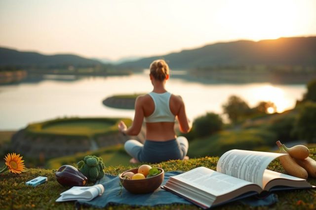 Image depicts a person sitting in meditation pose on top of a grassy hill, facing body of water at sunrise or sunset. Surrounding them are various items including books, fruit, and possibly spiritual or wellness-related objects.