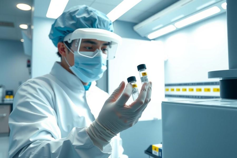 Scientist in lab coat and mask examines vials, likely containing samples. The sterile environment showcases research and development in a pharmaceutical or biotechnology setting. Focus on scientific analysis and precision.
