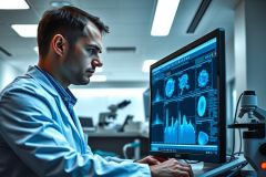 Scientist analyzing brain scans on a computer in a lab. Research, medical imaging, and neurological study concepts are depicted in the image with a focus on technology and healthcare.
