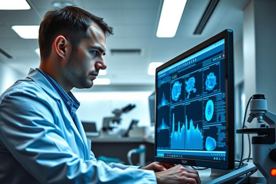 Scientist analyzing brain scans on a computer in a lab. Research, medical imaging, and neurological study concepts are depicted in the image with a focus on technology and healthcare.