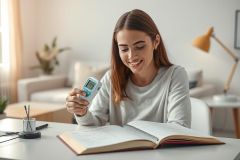 Smiling woman checking temperature with a digital thermometer at a desk. Bright, modern living room setting with an open book, plant, and lamp. Focus on health, wellness, and home environment.