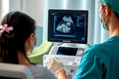 Ultrasound scan of a fetus. A medical professional examines a pregnant woman using ultrasound equipment in a clinic setting. Focus on prenatal care and medical imaging.