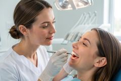Dentist in gloves inspecting a smiling patient's teeth with a dental probe in a modern clinic setting.