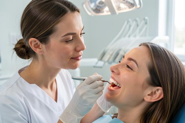Dentist in gloves inspecting a smiling patient's teeth with a dental probe in a modern clinic setting.