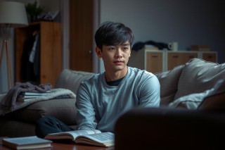 In the image, a young man is seated on a sofa in a room. He appears to be focused on something outside of the frame. The room has a warm atmosphere with wooden furniture and soft lighting.