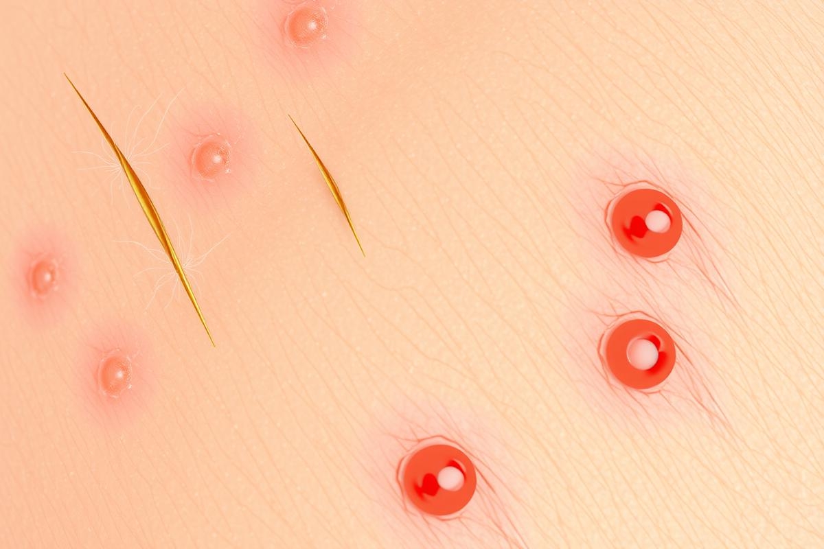 The image shows a close-up of skin with several red spots, which may indicate an infection or irritation. The top part of the image is cropped to show only the affected area on the skin. This medical condition is commonly referred to as impetigo.