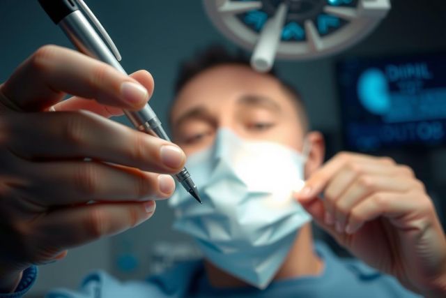 Close-up of a surgeon wearing a face mask, holding a surgical instrument in an operating room. Focus on precision and medical procedures, with a sterile environment and blue lighting.
