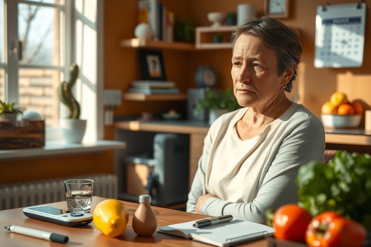 In the image, a woman is seated at a wooden desk. She's wearing a beige blouse and has her arms crossed. The desk is adorned with various objects including a pen, a pencil, a glass of water, an orange, and a bowl filled with oranges. In front of the window, there are potted plants adding a touch of greenery to the scene. A bookshelf stands in the background housing multiple books.