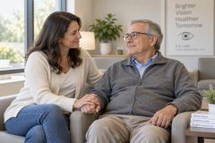 Older man and companion holding hands in serene ophthalmology clinic waiting area, supportive moment.