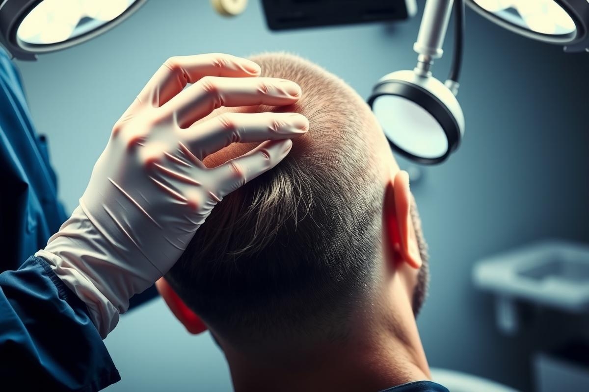 Close-up of a medical professional in surgical gloves examining a patient's head. The scene is brightly lit by operating room lights, with a focus on the patient's scalp. Medical examination, healthcare, surgery.