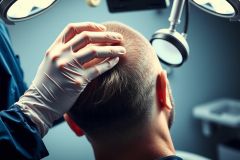 Close-up of a medical professional in surgical gloves examining a patient's head. The scene is brightly lit by operating room lights, with a focus on the patient's scalp. Medical examination, healthcare, surgery.