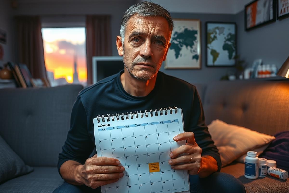 A man sitting on a couch in his living room with a concerned look on his face, holding a calendar. The room is dimly lit and has an ambient atmosphere. There are various items scattered around him that suggest he's in the middle of everyday life.