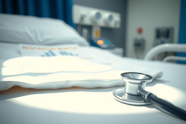 Close-up of a stethoscope on a hospital bed. Focus on medical equipment and healthcare setting. White bedding and a blurred background suggest a patient room environment. Represents medical examination and care.