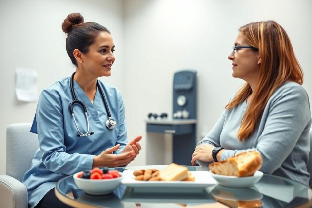 Healthcare professional in blue scrubs consults with a patient in a bright, modern clinic setting. The scene focuses on nutrition and wellness, with a plate of healthy food including bread, cheese, and berries on a table between them. A stethoscope is visible, suggesting a medical discussion about diet and health.
