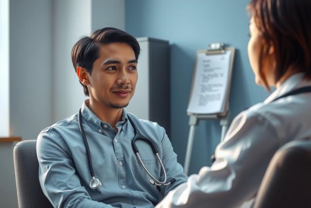 Doctor in blue shirt interacts with a patient in a medical office. The scene features a professional healthcare setting with a focus on patient consultation.