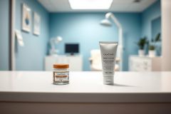 Skincare products displayed on a white counter in a modern, blue-toned medical or aesthetic clinic. Featuring creams and jars, the image showcases beauty treatments and a clean, professional environment.