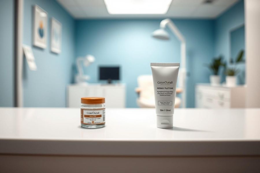 Skincare products displayed on a white counter in a modern, blue-toned medical or aesthetic clinic. Featuring creams and jars, the image showcases beauty treatments and a clean, professional environment.