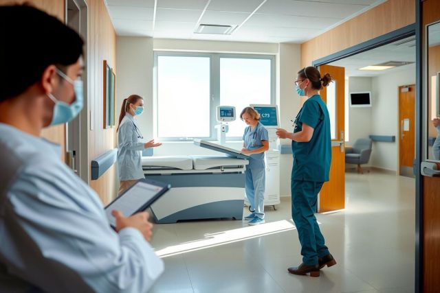 The image shows a hospital room with medical personnel in the background. In the foreground, there are doctors and nurses standing by the bedside of a patient. They appear to be engaged in a discussion or reviewing patient information on electronic tablets. The room is well-lit and has modern medical equipment and furniture.
