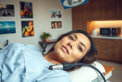 This image features a woman lying down on a medical examination table. She appears relaxed and is looking directly at the camera. The setting looks like a clinical or medical environment with various items such as a monitor, microscope, and pictures on the wall that suggest this could be a patient's waiting area or consultation room.