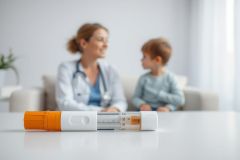 Doctor consults with a young boy in a bright, modern living room. A medical pen injector sits prominently on a table in the foreground, suggesting diabetes management or treatment. Focus on healthcare, child health, and medical devices.