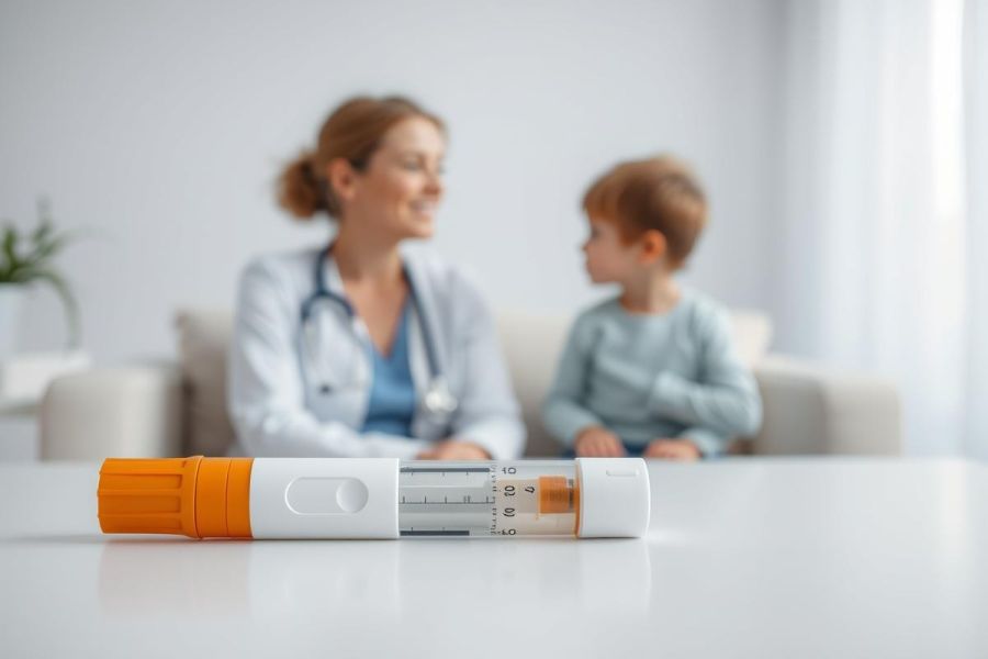 Doctor consults with a young boy in a bright, modern living room. A medical pen injector sits prominently on a table in the foreground, suggesting diabetes management or treatment. Focus on healthcare, child health, and medical devices.