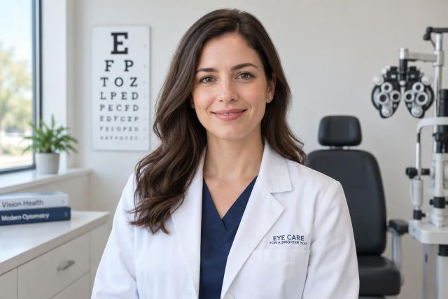 Smiling ophthalmologist in exam room with eye chart, phoropter, and patient chair.