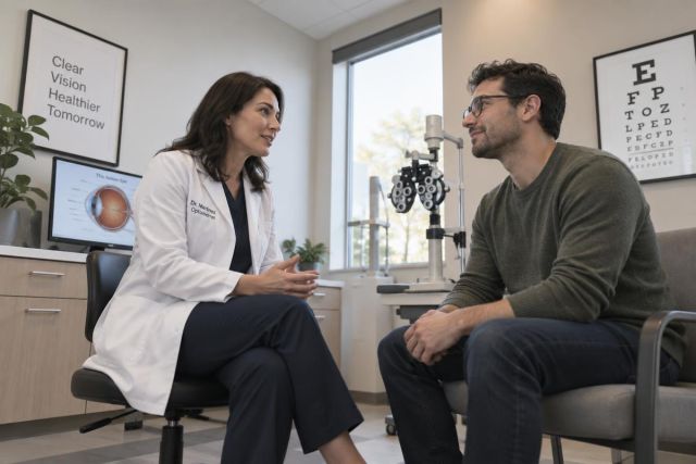 Ophthalmologist consulting with patient in exam room beside eye chart and phoropter.