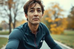 Portrait of a man cycling outdoors on a path lined with autumn foliage. He wears a dark blue athletic jacket and looks directly at the camera. The background features warm yellow and orange colors, suggesting a fall day. Fitness, outdoor activity, and autumn scenery are key themes.