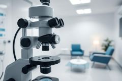 Close-up of a laboratory microscope in a modern, bright science lab. The image features a gray microscope with black details set against a blurred background of blue armchairs and a clean, white interior. Ideal for science, research, and medical themes.