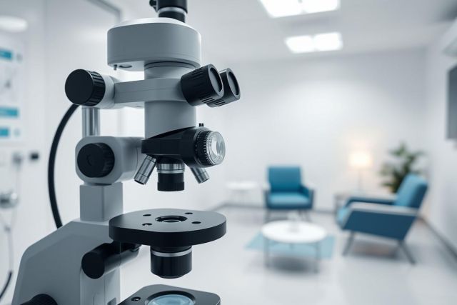 Close-up of a laboratory microscope in a modern, bright science lab. The image features a gray microscope with black details set against a blurred background of blue armchairs and a clean, white interior. Ideal for science, research, and medical themes.