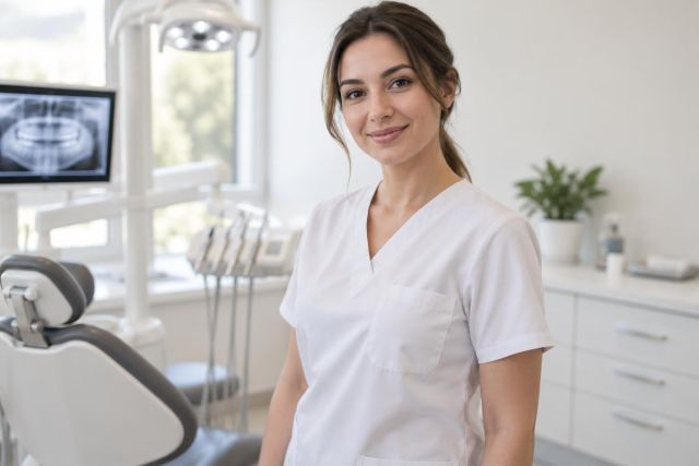 Smiling dental clinician in modern treatment room standing beside dental chair and X-ray monitor