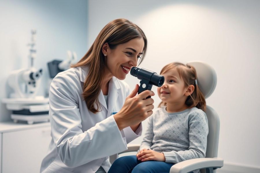 A female doctor examines a young girl's eyes in a bright, modern medical clinic. The doctor, wearing a white coat, uses an ophthalmoscope during a pediatric eye exam. Healthcare, child health, and eye care are key themes.