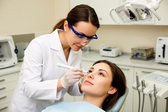 Dental clinician wearing protective goggles and gloves examines a patient's facial and dental alignment in the exam chair.