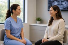 Dental consultation in a bright clinic showing dentist and patient smiling during assessment.