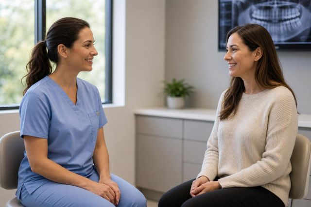 Dental consultation in a bright clinic showing dentist and patient smiling during assessment.