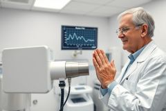 Senior doctor in a modern medical clinic examining diagnostic equipment. A monitor displays a graph, suggesting medical analysis or radiology. The scene features a clean, white environment and a focus on healthcare technology and professional medical care.