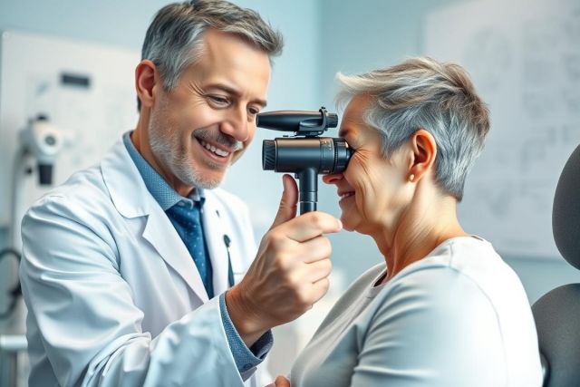Optometrist examining a patient's eyes during an eye test in a bright, modern clinic. A friendly doctor in a white coat uses a handheld refractor on a smiling woman with short grey hair. Focus on eye care and vision health.