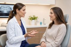 Dentist consulting with a patient in modern dental clinic, dental X-ray visible on screen.