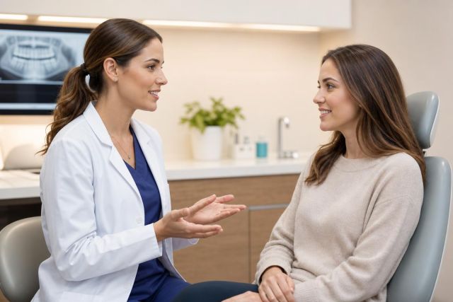 Dentist consulting with a patient in modern dental clinic, dental X-ray visible on screen.