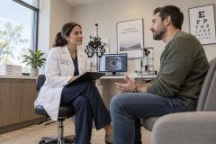 Ophthalmologist consulting with patient in exam room, eye imaging on monitor visible.