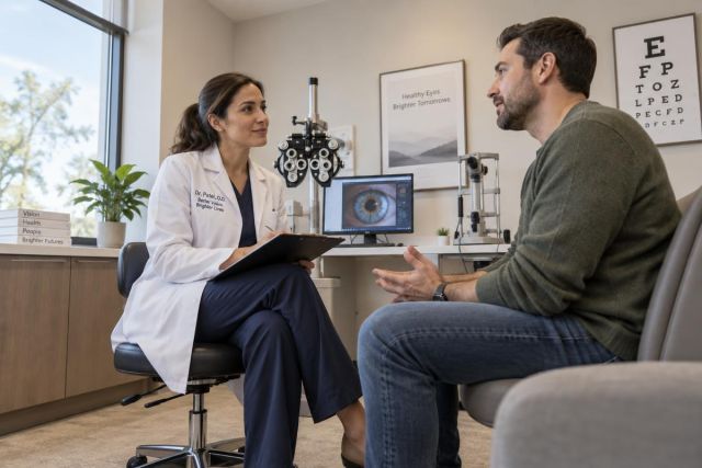 Ophthalmologist consulting with patient in exam room, eye imaging on monitor visible.