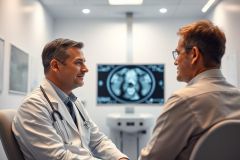 Doctor consults with a patient in a modern medical office. Image shows a healthcare professional in a white coat discussing results displayed on a screen featuring a brain scan. Clinical setting, professional consultation, medical diagnosis, healthcare imagery.