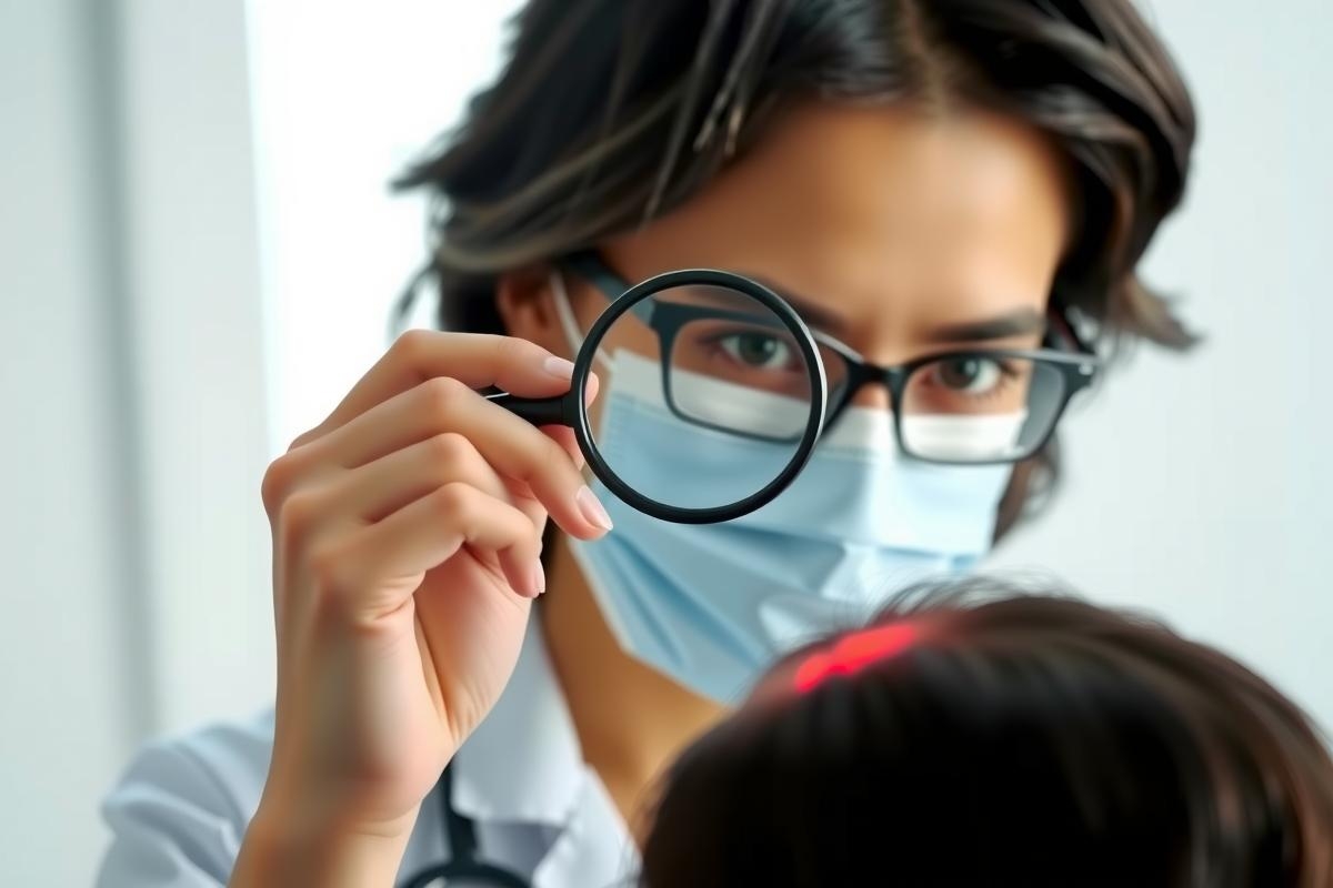 A healthcare professional wearing a mask and glasses examines a patient with a magnifying glass. Medical checkup, diagnosis, and patient care in a clinical setting. Focus on detail and close inspection.