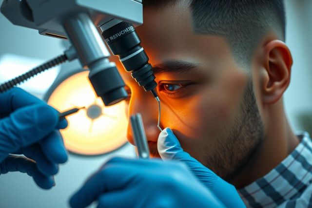 Scientist in blue gloves using a microscope for research. Close-up view with warm lighting, highlighting lab work and precision.