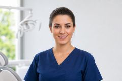 Smiling dental hygienist in blue scrubs standing in a clean dental clinic operatory.