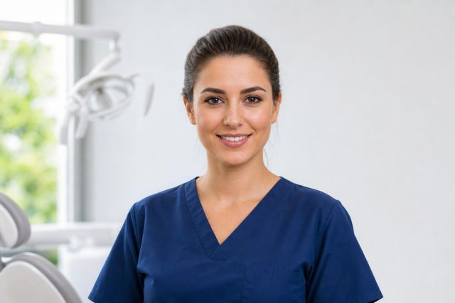Smiling dental hygienist in blue scrubs standing in a clean dental clinic operatory.