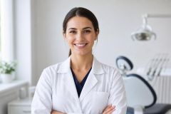 Smiling female dentist in white coat standing in modern dental operatory, patient chair visible.