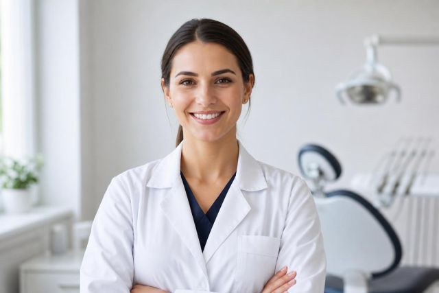 Smiling female dentist in white coat standing in modern dental operatory, patient chair visible.